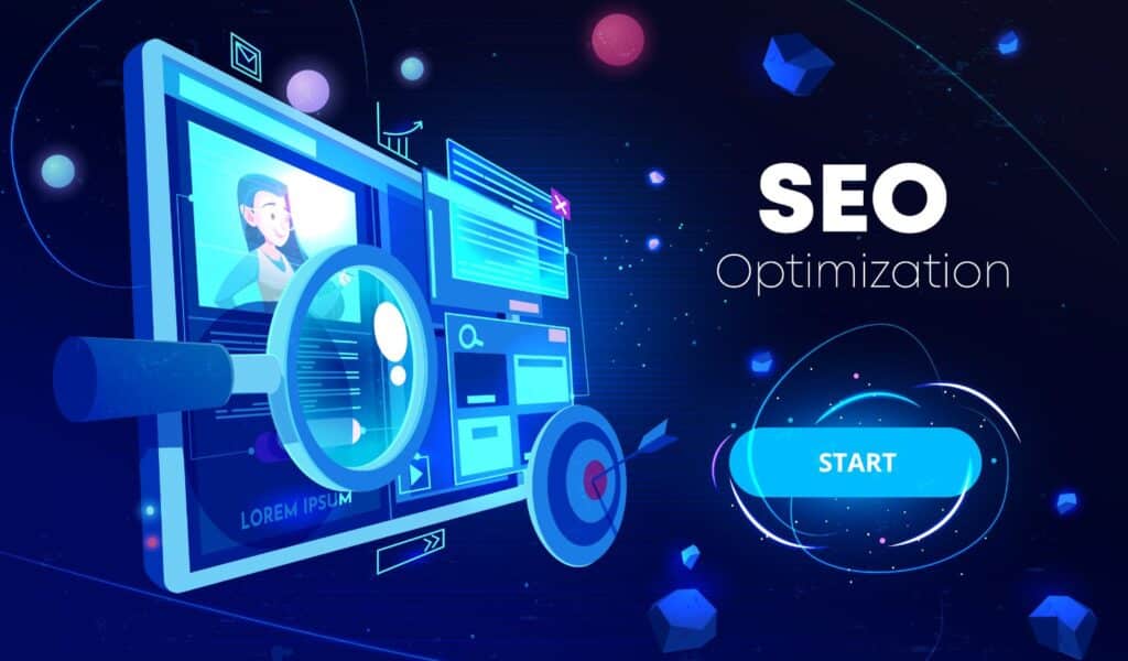 Website SEO optimization illustration showing a magnifying glass analyzing a website on a laptop screen with a target and start button, representing organic traffic growth strategies